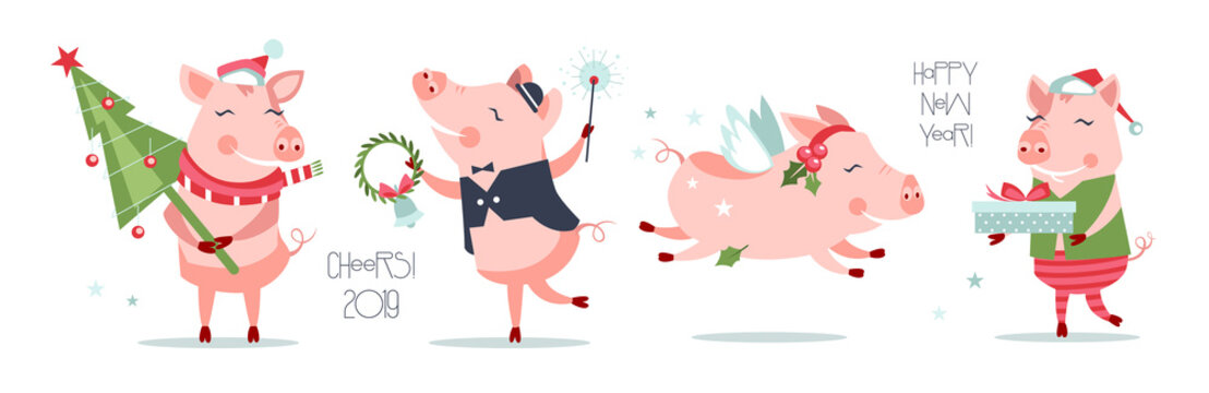 funny new year pigs characters set with different objects