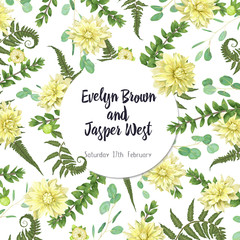 Beautiful vector round frame with flowers of yellow dahlia, leaves of fern leaf, branches of boxwood and eucalyptus on white background. For wedding invitations, postcards