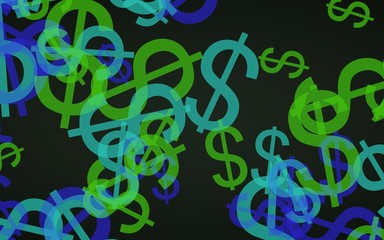 Multicolored translucent dollar signs on dark background. Green tones. 3D illustration