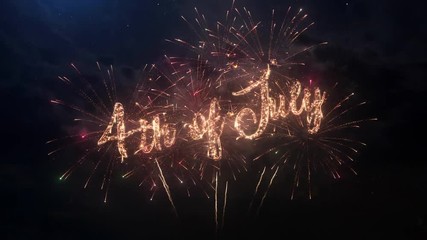 4th of July greeting text with particles and sparks on black night sky with colored slow motion fireworks on background, beautiful typography magic design.