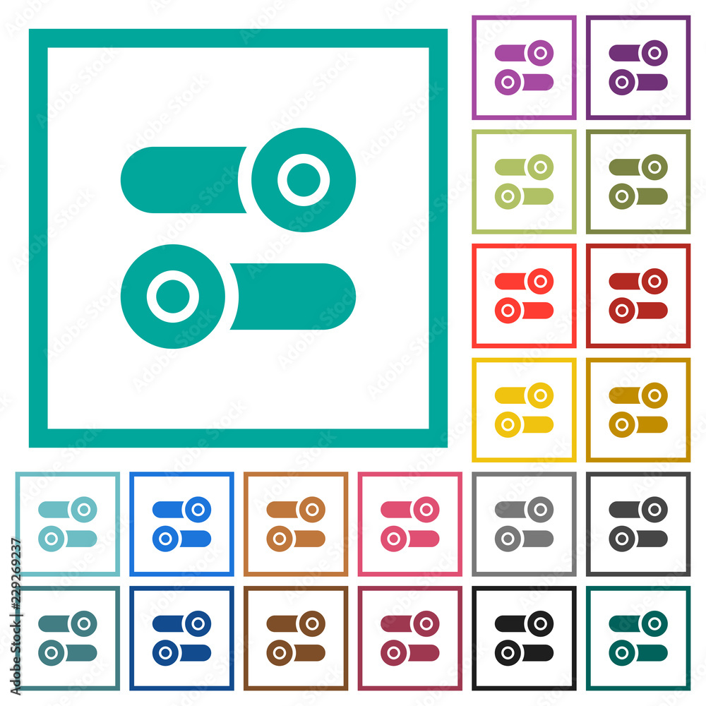 Poster toggle switches flat color icons with quadrant frames