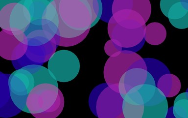 Multicolored translucent circles on a dark background. Green tones. 3D illustration