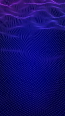 Abstract landscape on a blue background. Cyberspace grid. Hi-tech network, technology. Vertical image orientation. 3D illustration