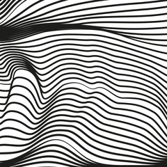 Abstract deformed surface. Black and white wavy background. Futuristic concept. Psychedelic art line pattern. Vector visual effects. EPS10 illustration