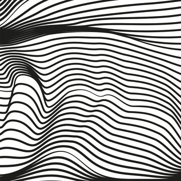 Abstract deformed surface. Black and white wavy background. Futuristic concept. Psychedelic art line pattern. Vector visual effects. EPS10 illustration © Margarita Lyr