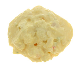 Top view of a portion of potato and egg salad isolated on a white background.