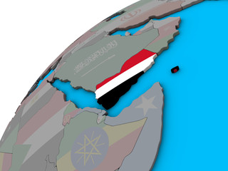 Yemen with national flag on 3D globe.