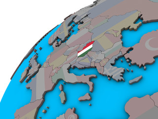 Hungary with national flag on 3D globe.