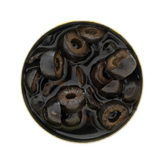 Top view of an open can of sliced olives isolated on a white background.