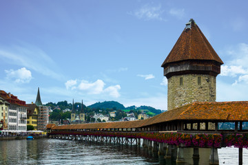 Scenic city view of Chapel Bridge and Water Tower. Lucerne, Switzerland.