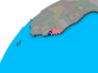 Liberia with national flag on 3D globe.