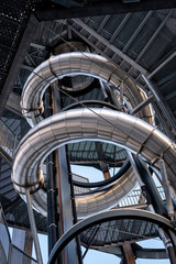 Interior of wooden-steel structure of Pyramidenkogel observation tower, Carinthia, Austria