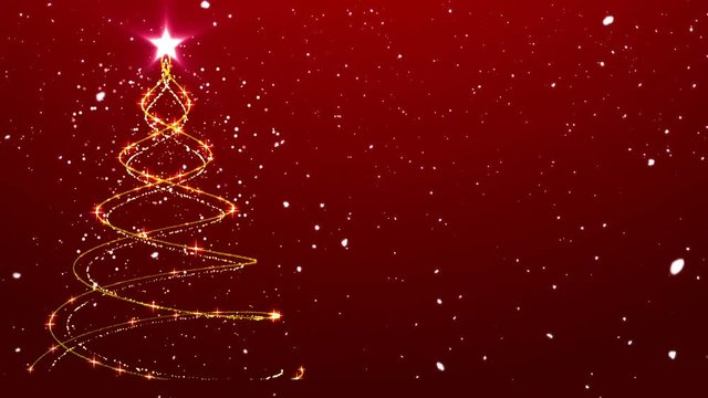Christmas Tree Particle Animation with Snow Falling on Simple Red Background.  Beautiful Holiday Background with room for your message.