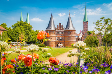 Historic town of Lübeck with Holstentor gate in summer, Schleswig-Holstein, northern Germany