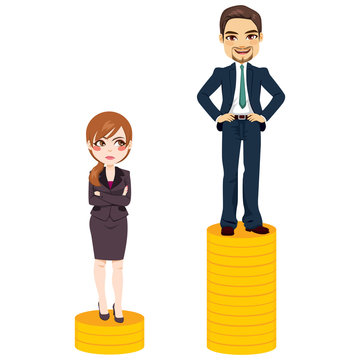 Gender pay gap concept woman and man standing on different amount of money coins business people problem