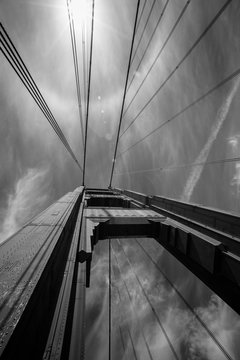One of the Golden Gate Bridge's towers rises into the sky