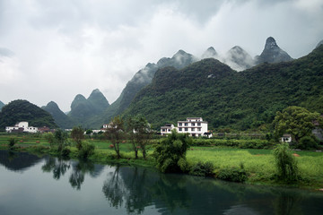 Countryside view over Li river among mountains