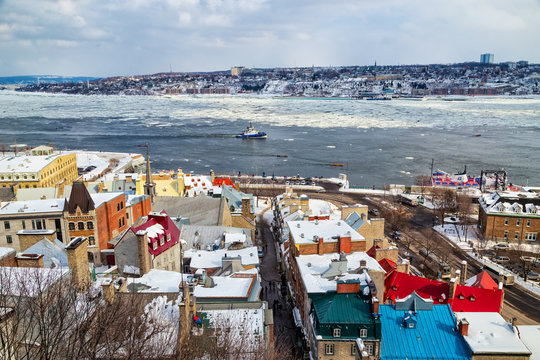 Lower Quebec City with St Lawrence River and Levis in winter