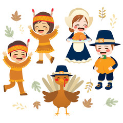 Cute Thanksgiving holiday season festive day with adorable pilgrim native american and turkey character collection - obrazy, fototapety, plakaty