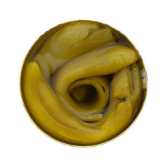 Top view of an open can of green chiles isolated on a white background.