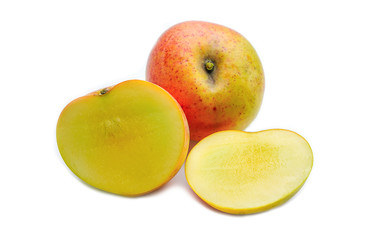 Mango R2E2 with sections fruit food on white background