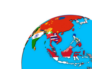 Asia with national flags on 3D globe.