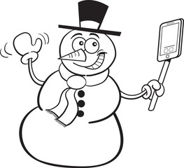 Black and white illustration of a smiling snowman holding a cell phone.
