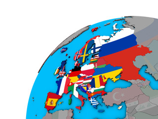 Europe with national flags on 3D globe.