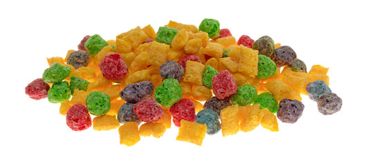 A portion of generic fruit flavored breakfast cereal isolated on a white background.
