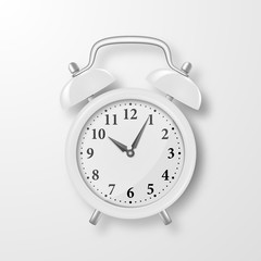 Vector Realistic 3d White Retro Alarm Clock Closeup on White Background. Design Template of Vintage Alarm Clock for Graphics, Banners, Advertise. Top View