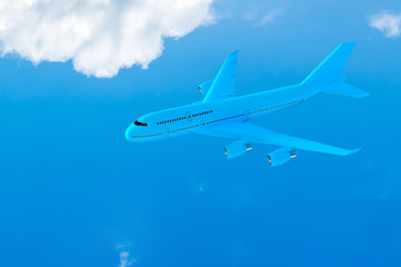 Airplane flying mock-up blue color on blue sky