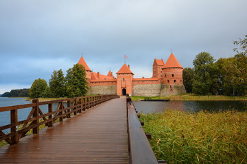 Ancient castle on island in middle of lake. Trakai Island Castle historical landmark, Lithuania.