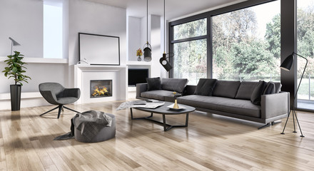 large luxury modern bright interiors Living room illustration 3D rendering computer digitally generated image - obrazy, fototapety, plakaty