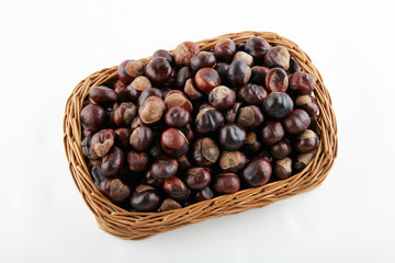 Many chestnuts in crib on white background