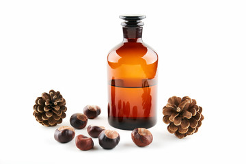 Vial with medicine, fir cone and chestnuts on white background