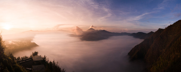 Panorama of sunrise over the Bromo Crater on Java Island, Indonesia