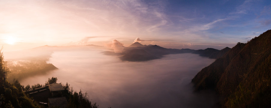 Panorama of sunrise over the Bromo Crater on Java Island, Indonesia