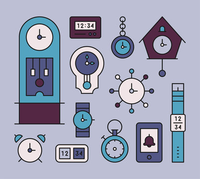 various kinds of clock set. flat design style vector graphic illustration.