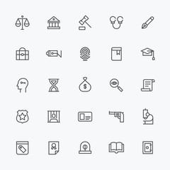 black line icons about criminal. flat design style vector graphic illustration.