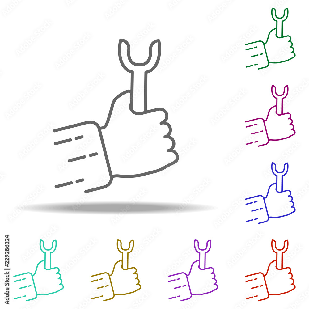 Poster hand with a tool outline icon. elements of construction in multi color style icons. simple icon for 