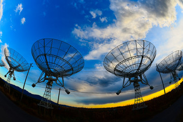 The observatory in the evening,The silhouette of a radio telesco