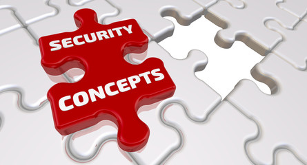 Fototapeta premium Security concepts. The inscription on the missing element of the puzzle. Folded white puzzles elements and one red with word SECURITY CONCEPTS. 3D Illustration