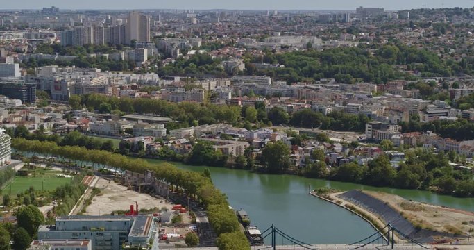 France Paris Aerial v28 Panning around Ile Seguin, Ile Saint-Germain with drone in view 8/18