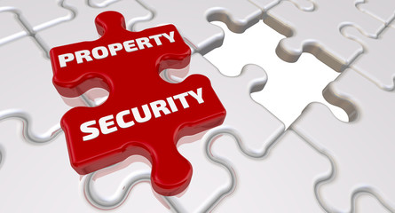 Fototapeta premium Property security. The inscription on the missing element of the puzzle. Folded white puzzles elements and one red with word PROPERTY SECURITY. 3D Illustration