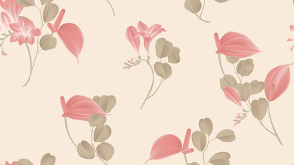 Floral seamless pattern, red Anthurium flowers, red freesia flowers and Silver Dollar Eucalyptus leaves on light red background, pastel vintage theme