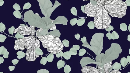 Fototapeten Floral seamless pattern, green fiddle leaf fig plant and Silver Dollar Eucalyptus leaves on dark blue background, pastel vintage theme © momosama
