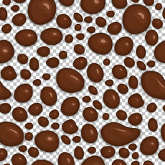Brown drops of slime isolated background. Realistic dark chocolate bubbles of different shapes. Seamless pattern of melted chocolate. Kid sensory toy vector illustration. Sweet dessert glossy drops.