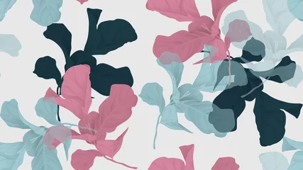 Zelfklevend Fotobehang Floral seamless pattern, green, pink and blue fiddle leaf fig plant on light gray background, pastel vintage theme © momosama