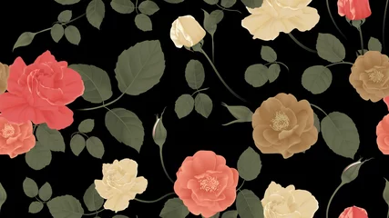 Foto op Aluminium Floral seamless pattern, colorful rose flowers and leaves on black background, pastel vintage theme © momosama