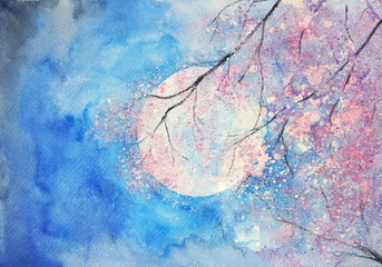 watercolor full moon and pink tree landscape